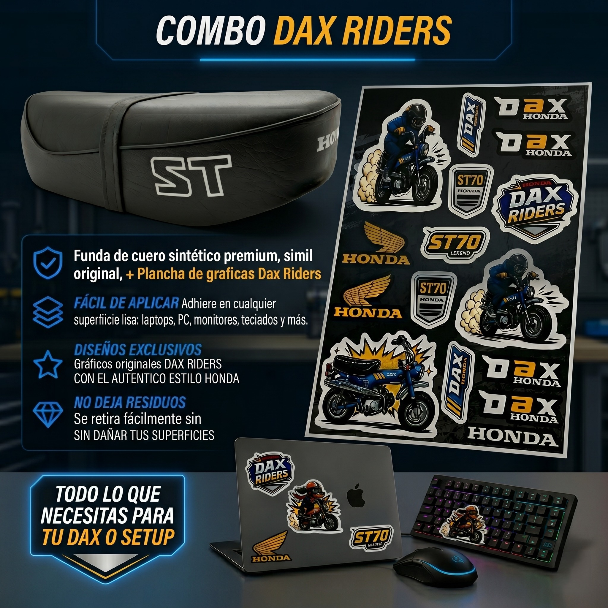 Combo Dax Riders - Funda de asiento para Honda DAX ST70 + Plancha Graficas DAX